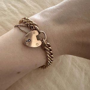 Antique Edwardian 9K Rose Gold Padlock Clasp Chunky Curb Link 27.8g Charm Bracel